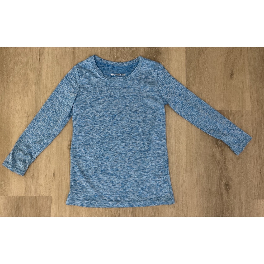 Real Essentials Kids Blue Space Dye Long Sleeve Active Performance Tee Small